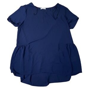 Anthropologie Pleione Navy Blue Peplum Top Tie Neck Short Sleeve Casual Blouse S
